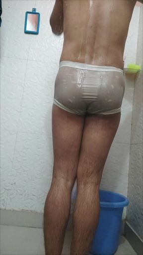 Striptease and nude bath in winter morning.