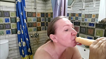 Horny Granny MariaOld riding Big White Cock Dildo, do blowjob and get cum on face and huge tits