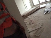 Perverted plumber gets horny while he's working on radiator plumbing in construction