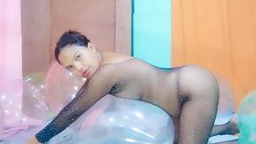 Sexy Juju Foot pops Your Belbal Crystal 17 Inch Balloons In A See Through Fishnet Body Suit