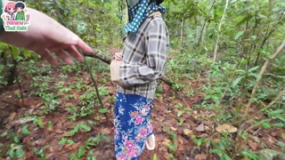 Thai teenager walks around picking mushrooms and gets fucked in the pussy. Thai audio.