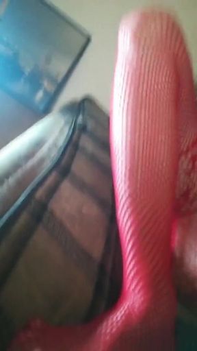 MILF in Red Bodystocking Masturbating