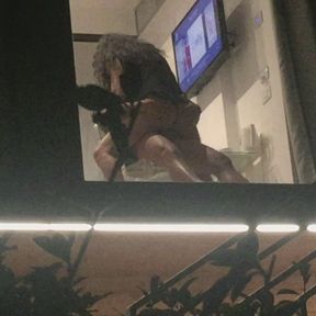 Caught horny couple fucking through open hotel window, peeking hot milf blowjob