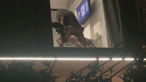 Caught horny couple fucking through open hotel window, peeking hot milf blowjob