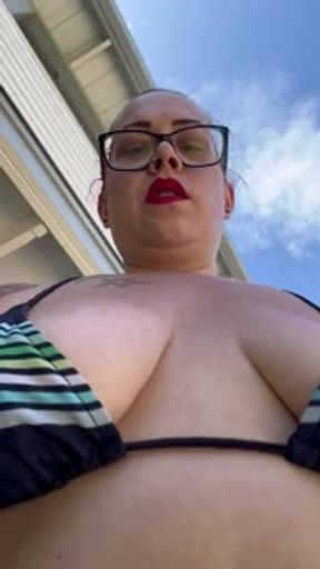 BBW stepmom MILF smoking joint outside with tits out