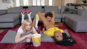 Dude licks Ebony's XXX pussy while her blonde GF lies beside them