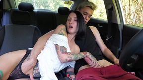 Slutty babe sucks huge guy's cock in car and swallows cum